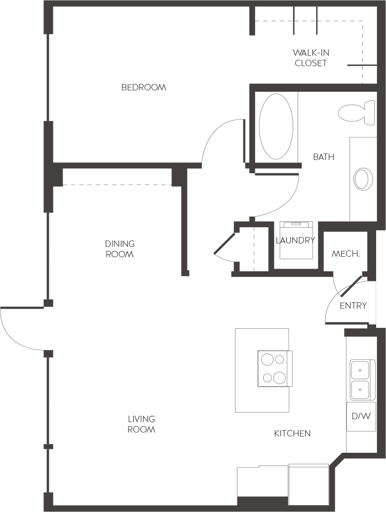 Floor plan for 1 bed, 1 bath, 834 sqft
